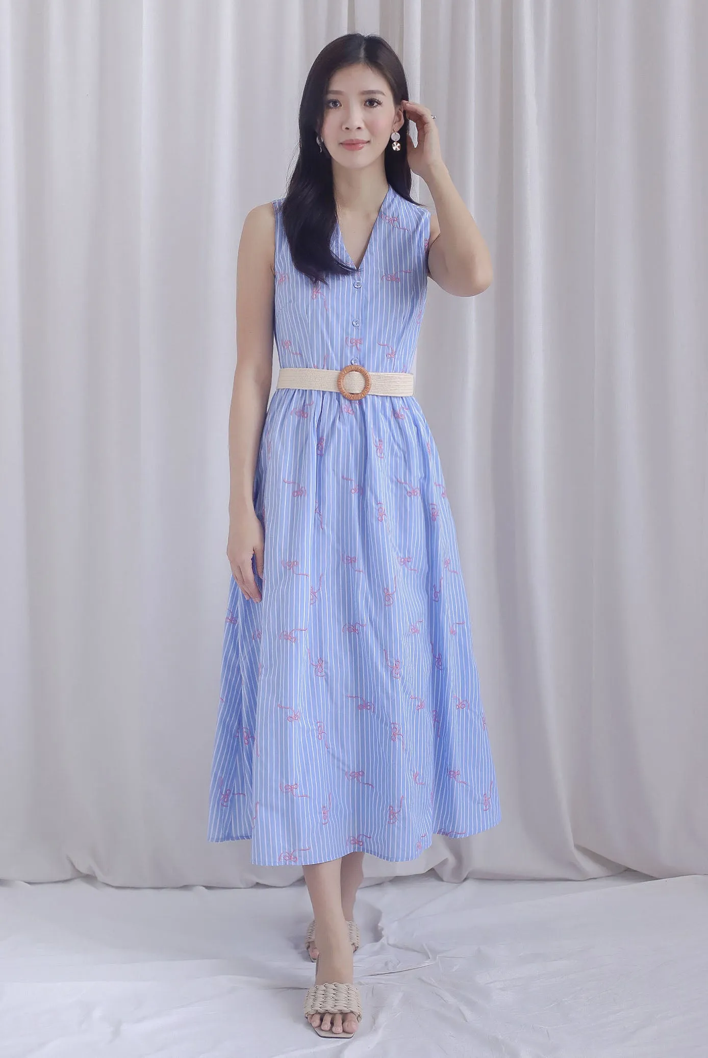 Christabel Ribbon Embro Stripes Dress In Blue