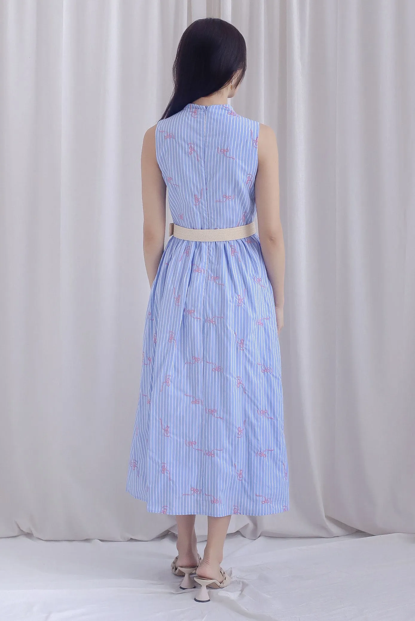 Christabel Ribbon Embro Stripes Dress In Blue