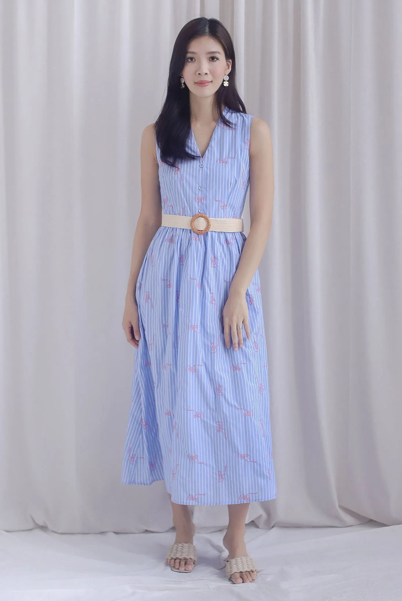 Christabel Ribbon Embro Stripes Dress In Blue