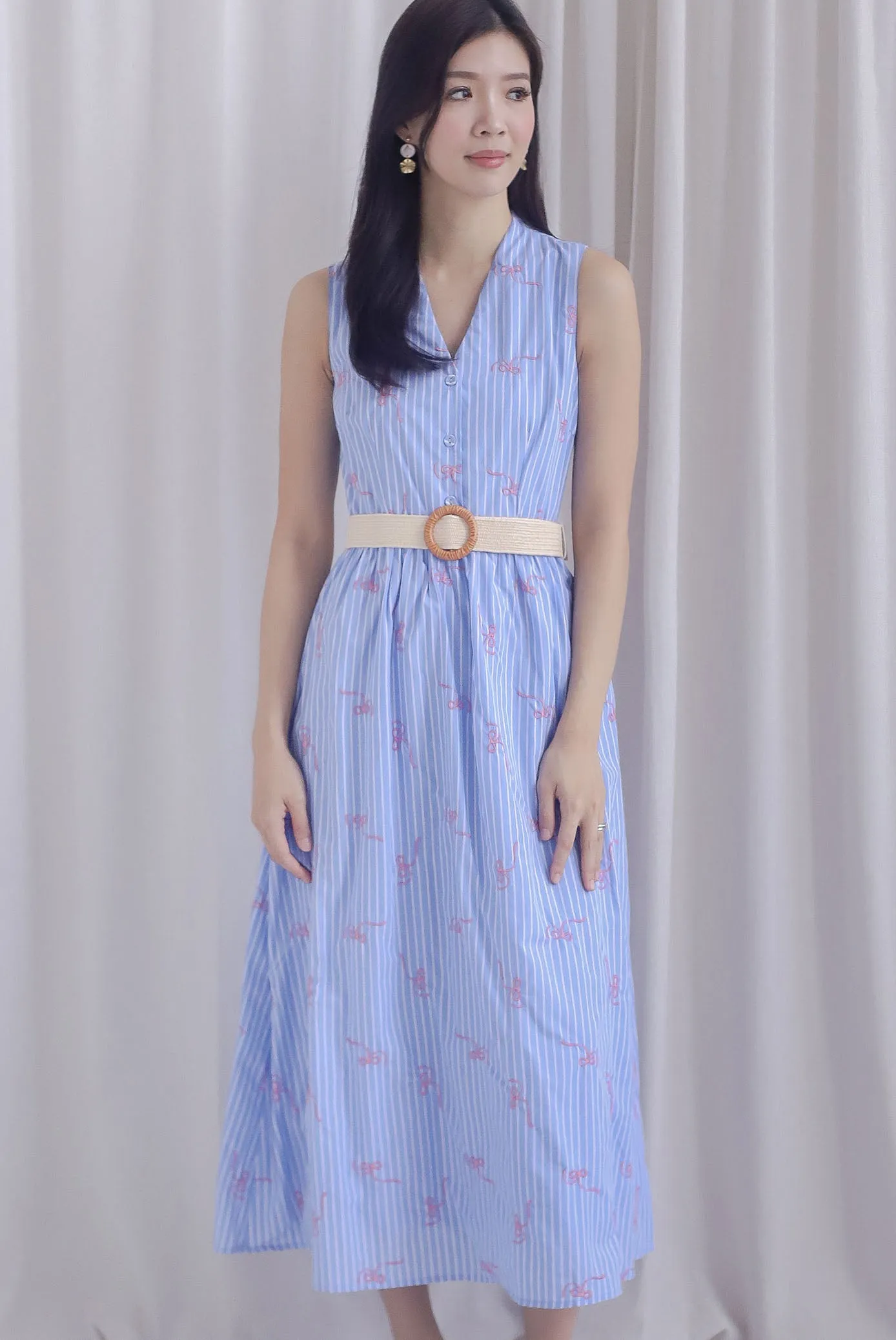 Christabel Ribbon Embro Stripes Dress In Blue