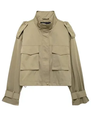 Classic Charm Strap Details Pocketed Cargo Style Zipper Loose Jacket