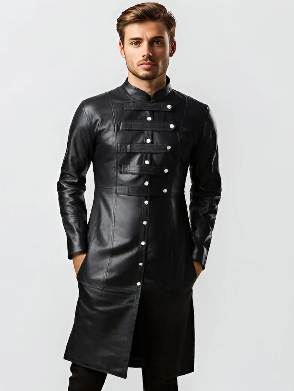 Classic Long Buttoned Leather Coat for Men