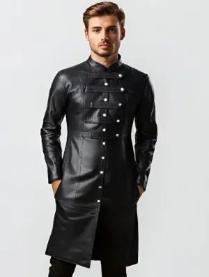 Classic Long Buttoned Leather Coat for Men