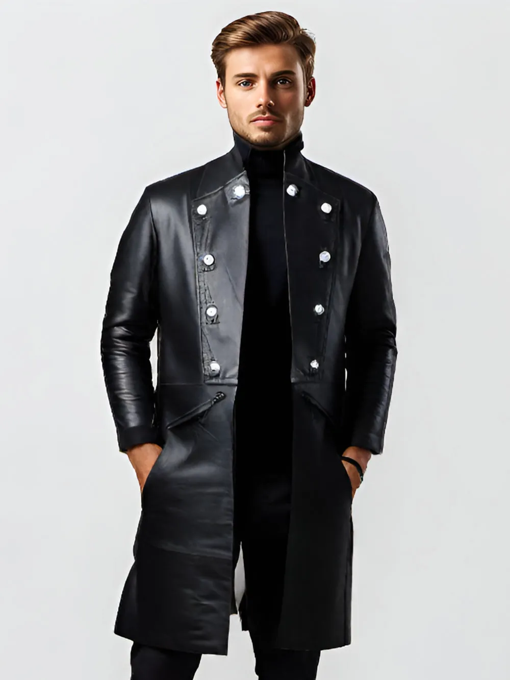 Classy Military Style Leather Coat for Men