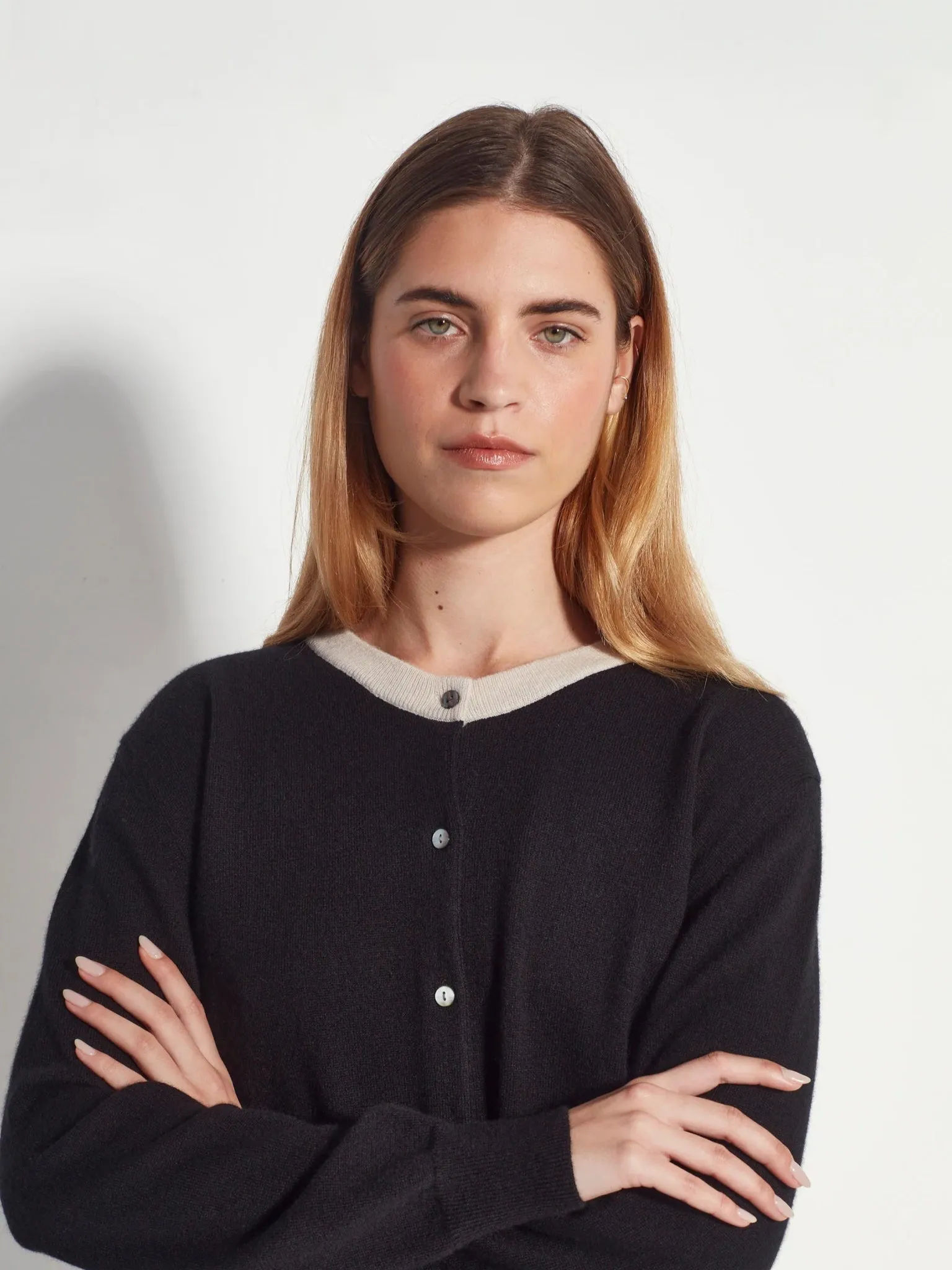 Contrast Twin Cashmere Cardi | Oreo