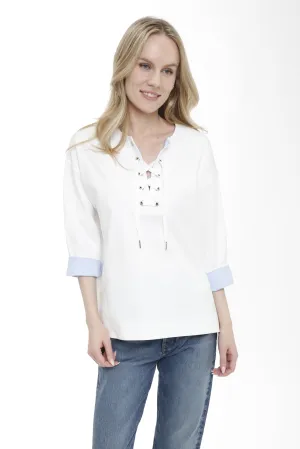 Cotton Interlock Lace Up Top with Woven Details