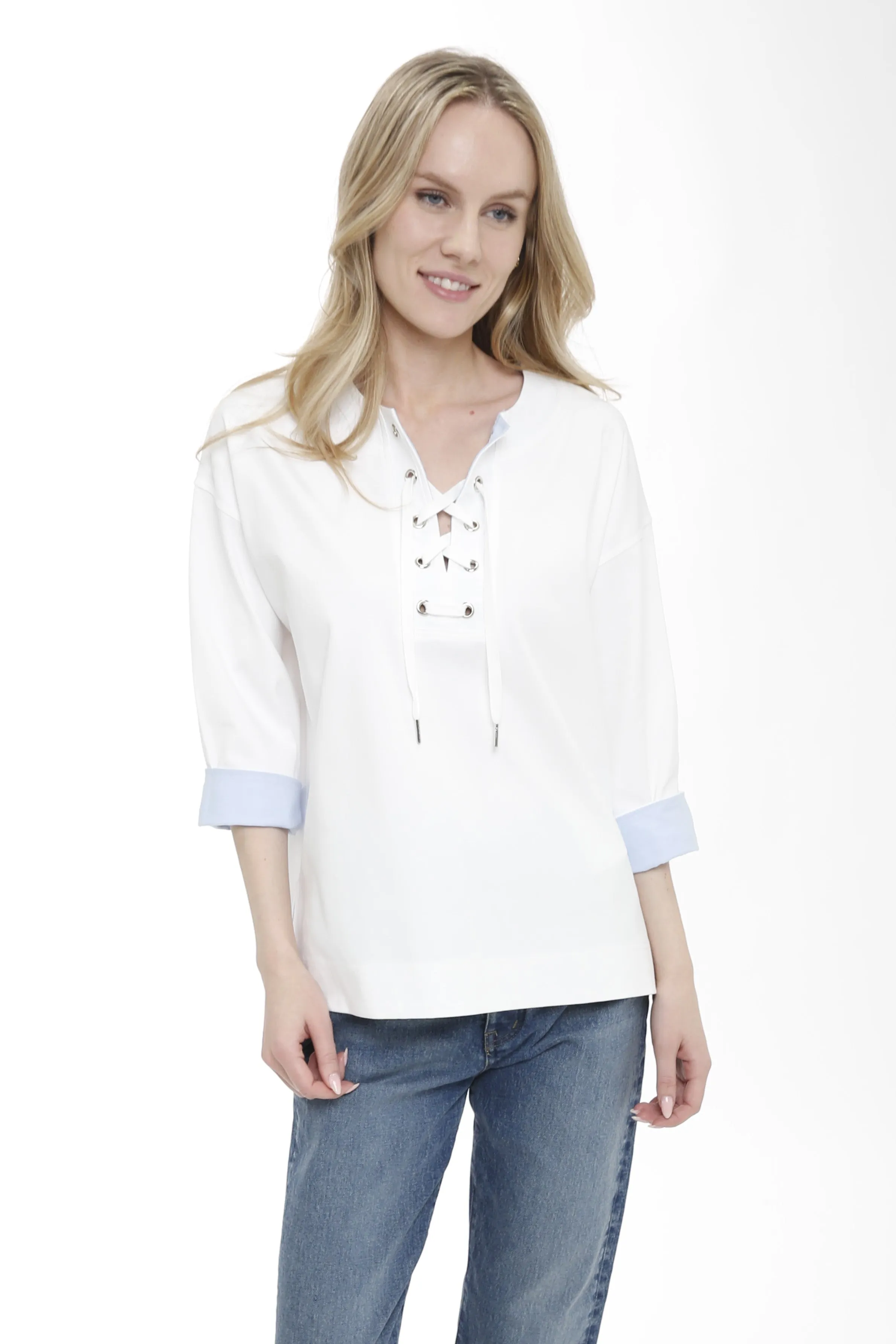 Cotton Interlock Lace Up Top with Woven Details