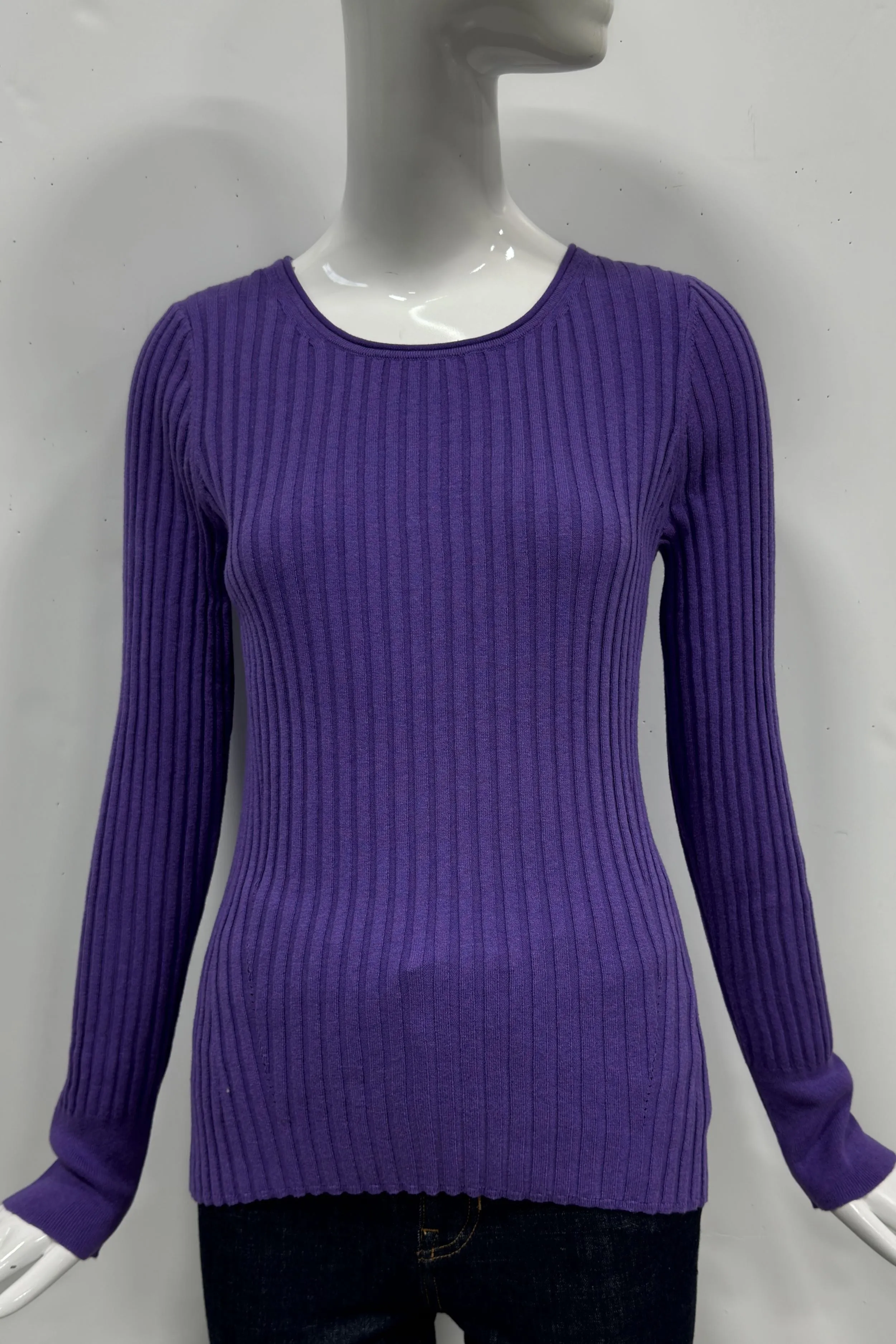 Cotton/Cashmere Blend Long Sleeve Rib Crew Neck Pullover