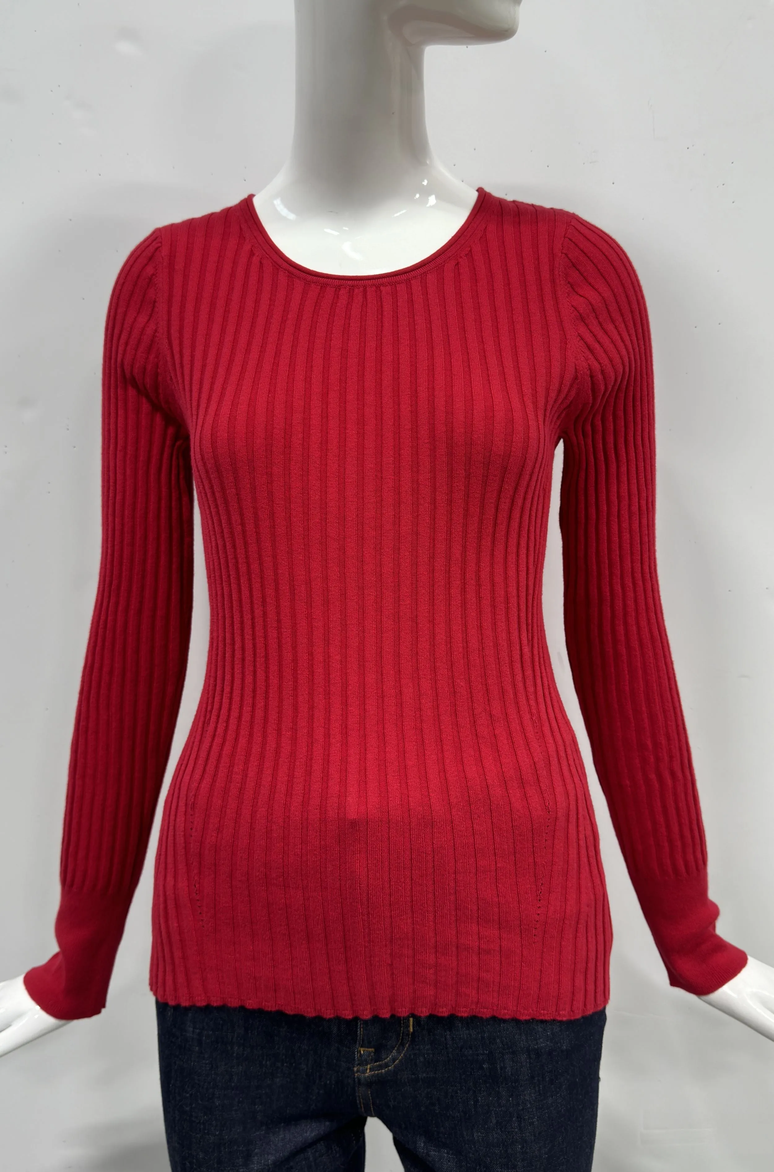 Cotton/Cashmere Blend Long Sleeve Rib Crew Neck Pullover