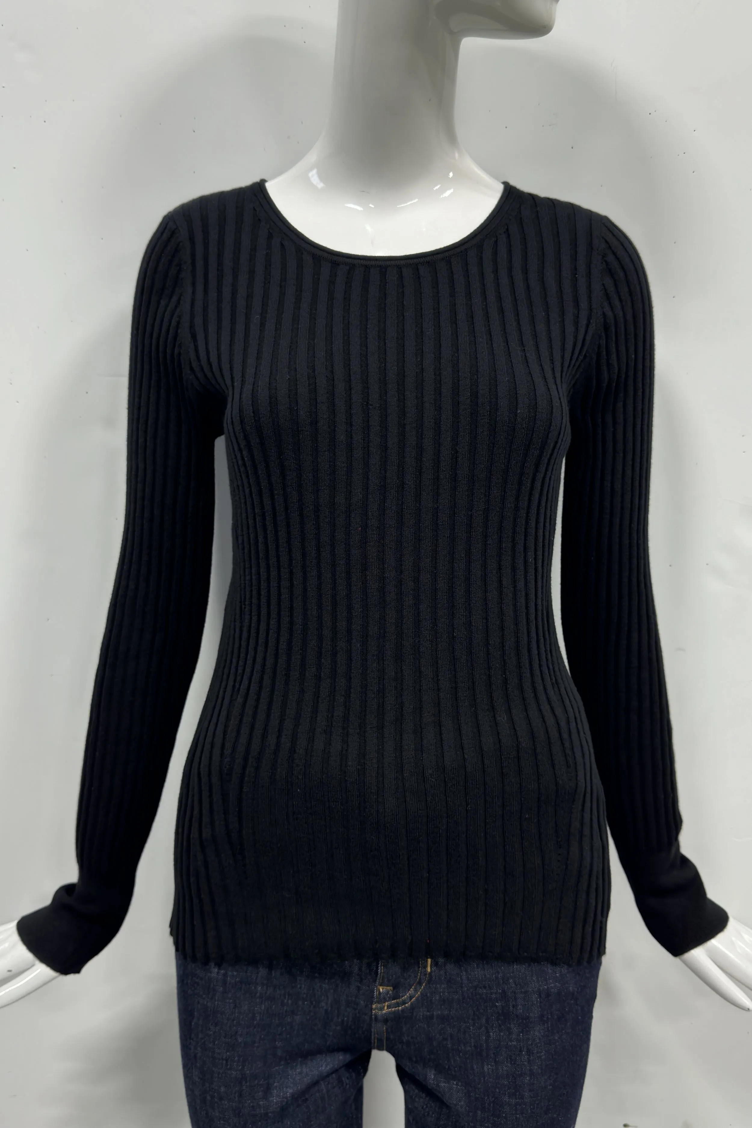Cotton/Cashmere Blend Long Sleeve Rib Crew Neck Pullover