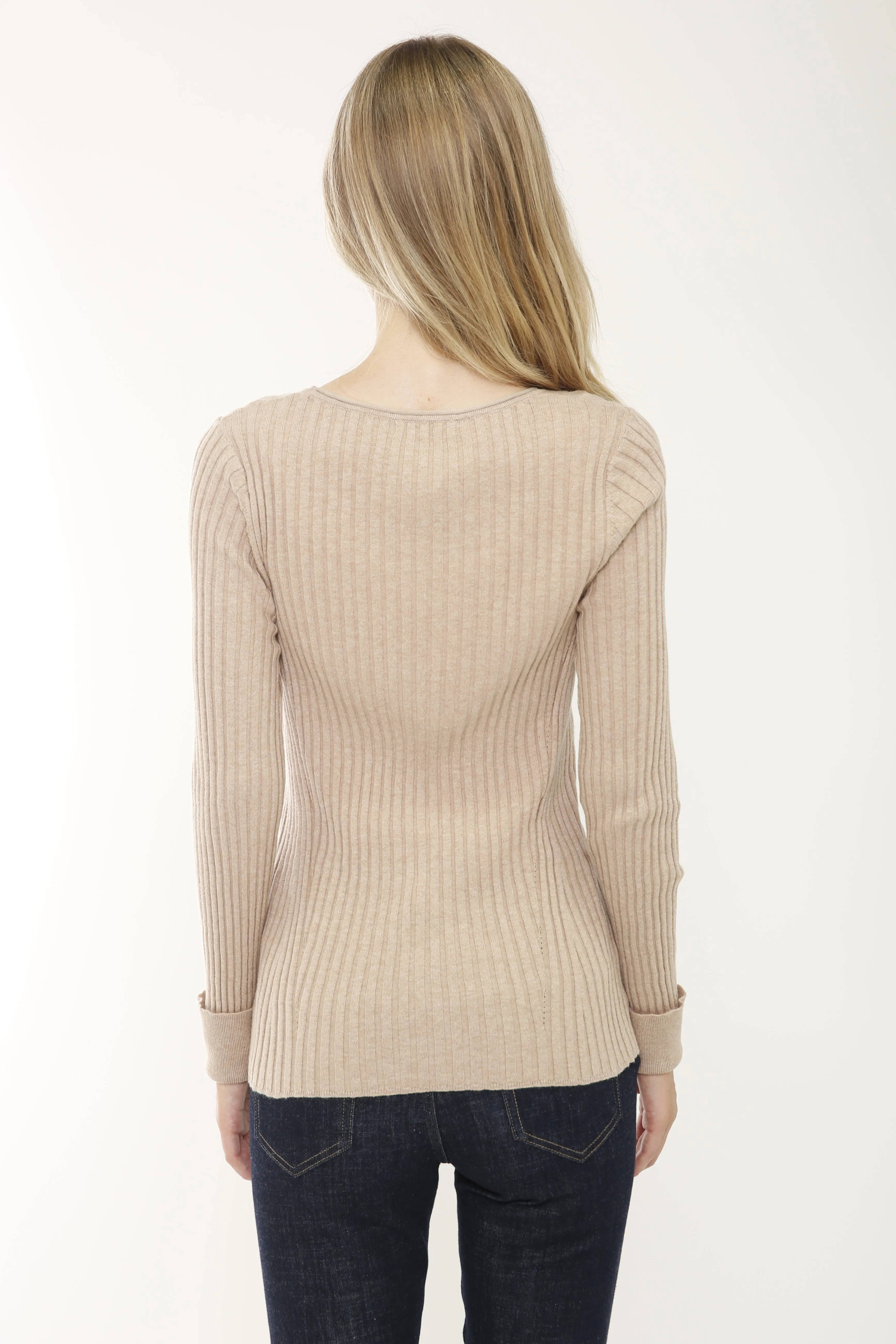 Cotton/Cashmere Blend Long Sleeve Rib Crew Neck Pullover