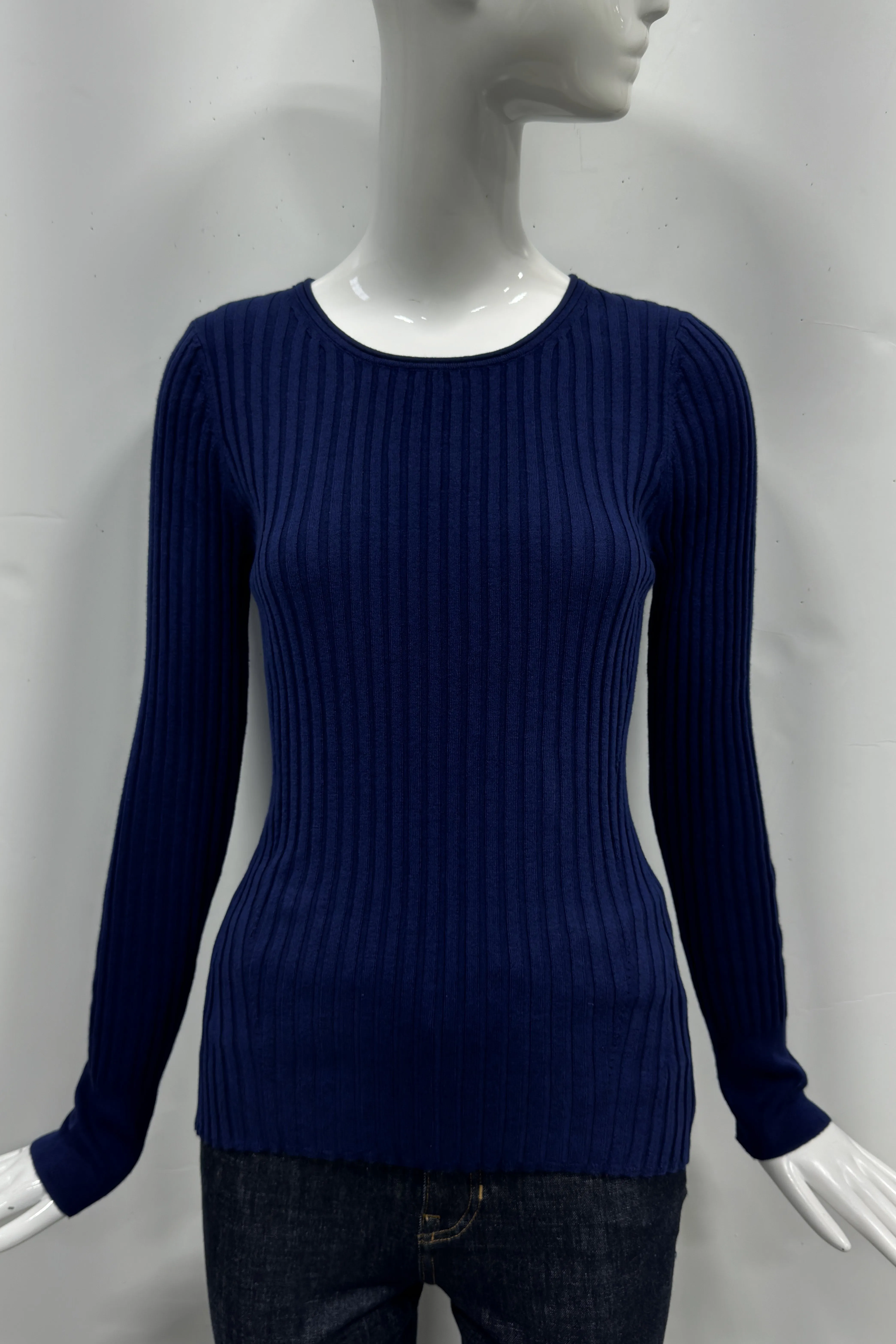 Cotton/Cashmere Blend Long Sleeve Rib Crew Neck Pullover