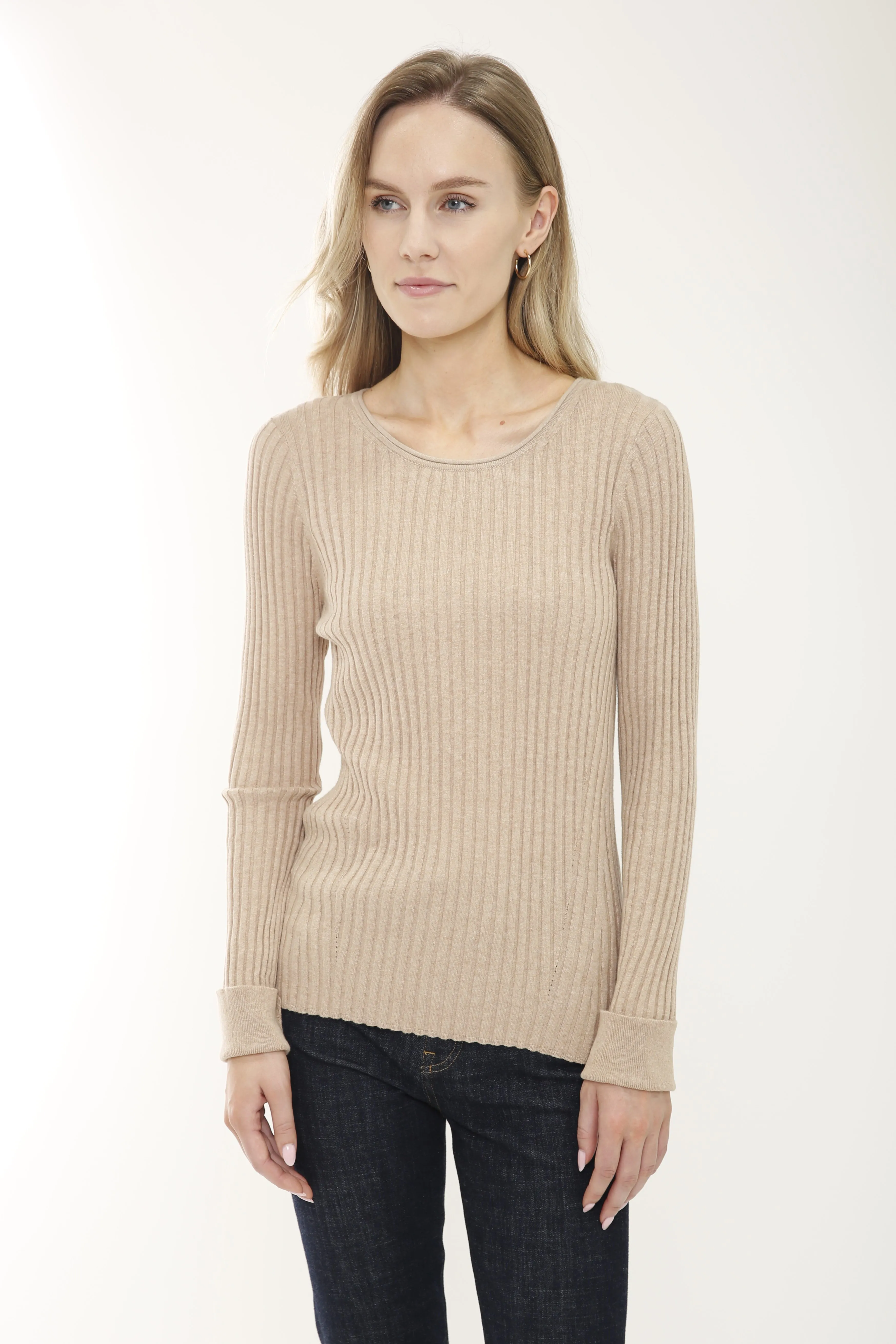 Cotton/Cashmere Blend Long Sleeve Rib Crew Neck Pullover