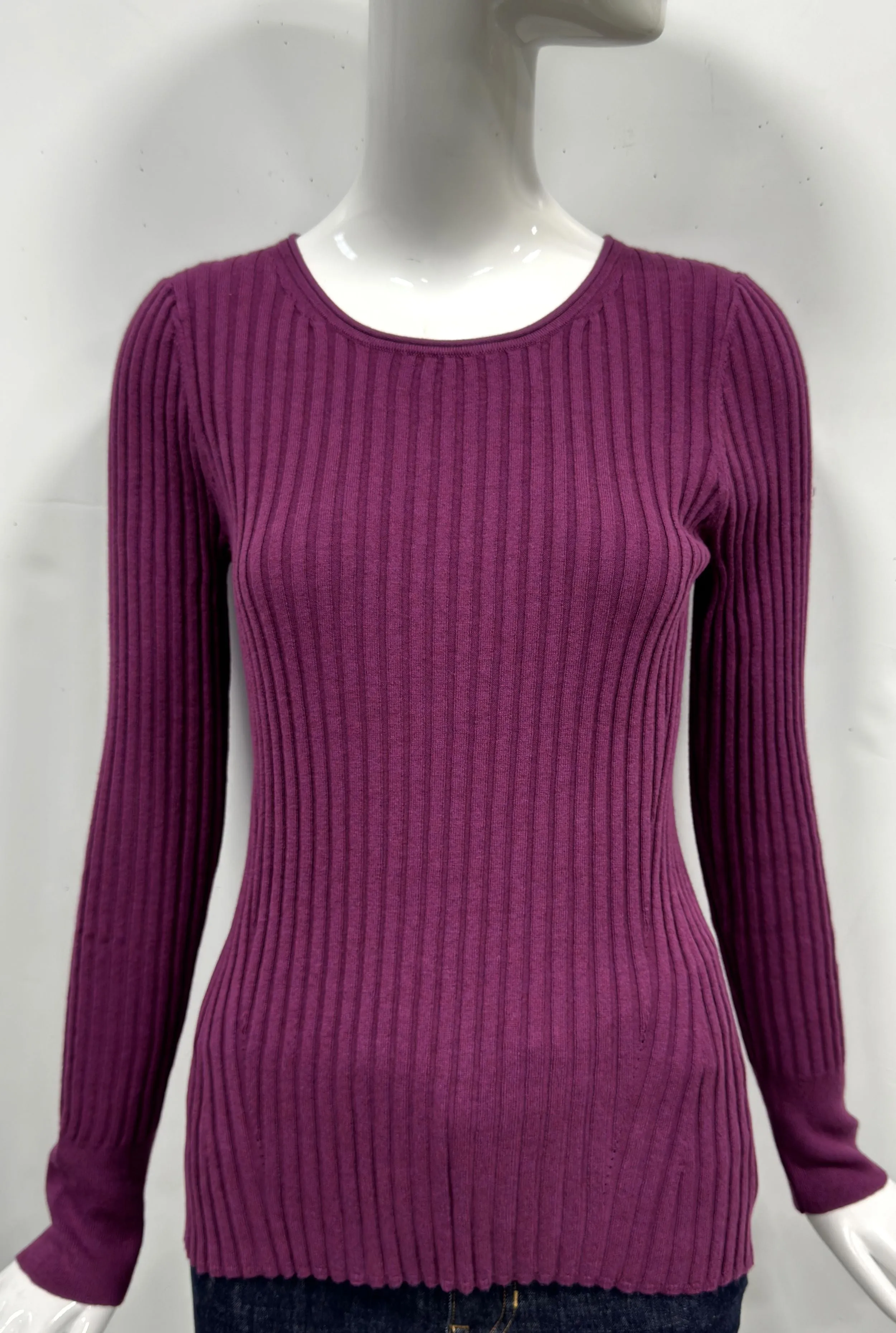 Cotton/Cashmere Blend Long Sleeve Rib Crew Neck Pullover