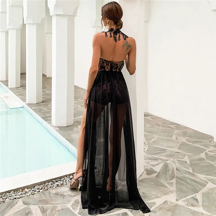 Deep V Neck Lace Slit Woman Maxi Dress See Through Sexy Beach Casual Dress Black Lace Evening Dress