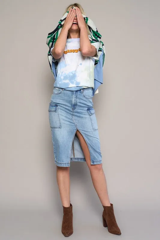 Denim Lab USA High Rise Front Slit Cargo Midi Denim Skirt