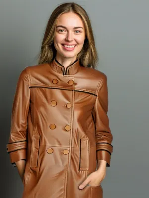 Double-Breasted Elegance Leather Coat for Women