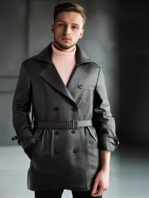 Double Breasted Trench Leather Coat for Men