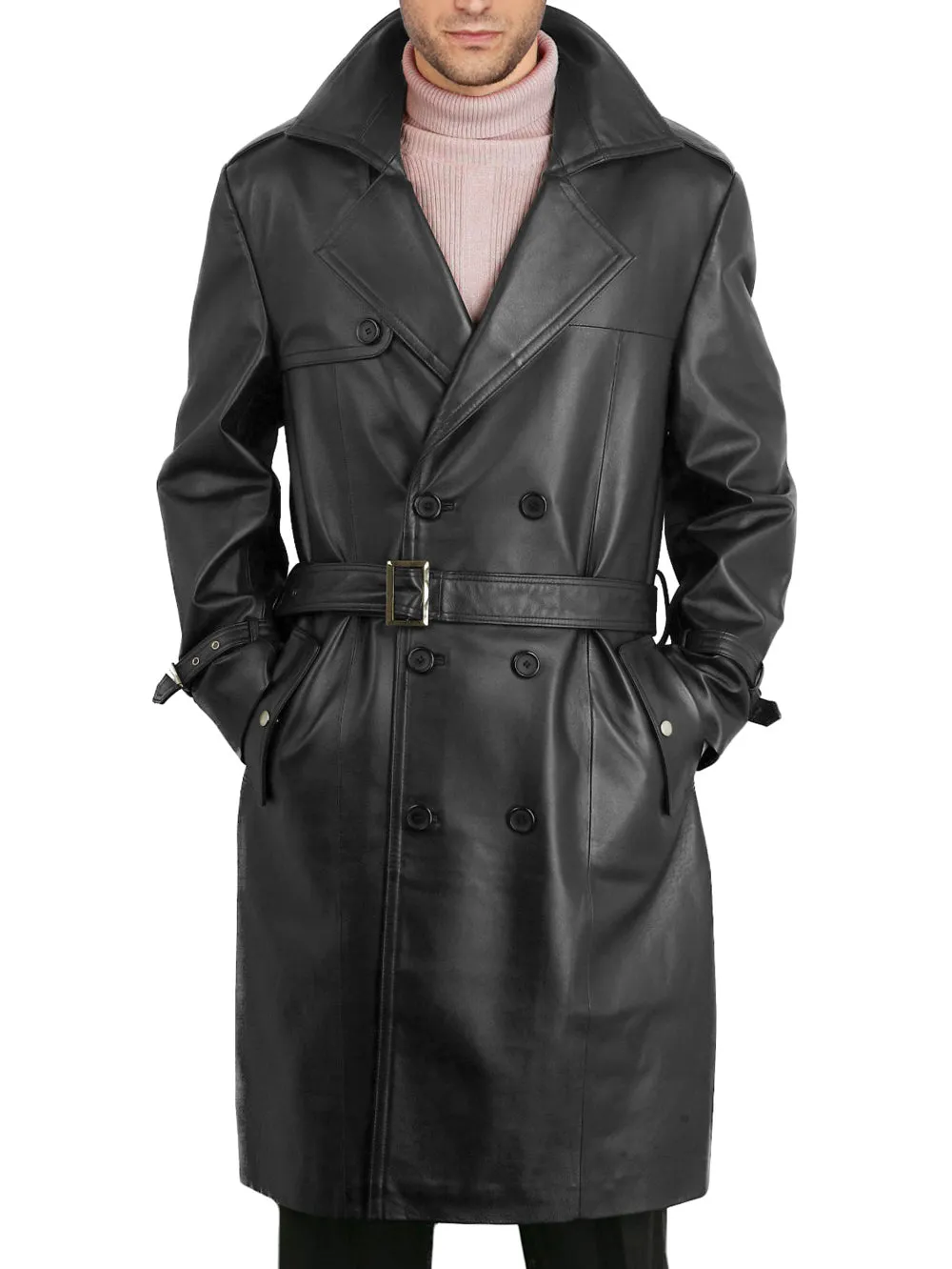 Double Breasted Trench Leather Coat for Men