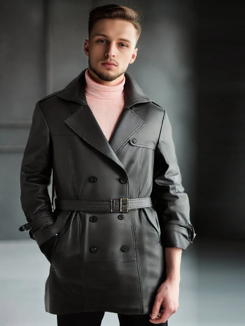 Double Breasted Trench Leather Coat for Men