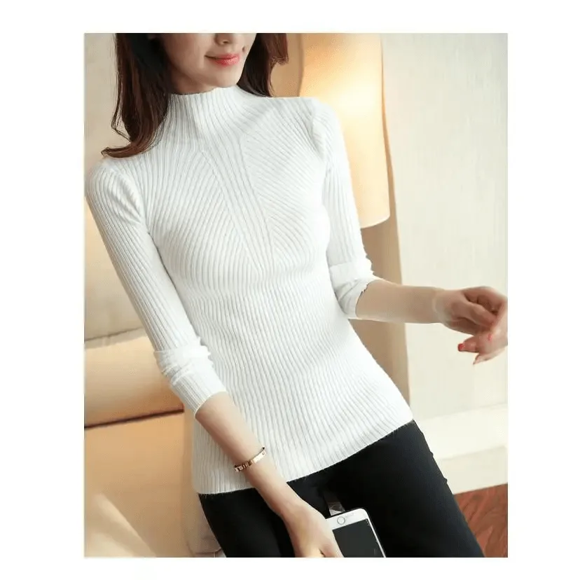 Elegance Solid White and Black Tops,Sweaters Winter Long Sleeve Turtleneck Pullovers Women's Sweaters Female Clothing