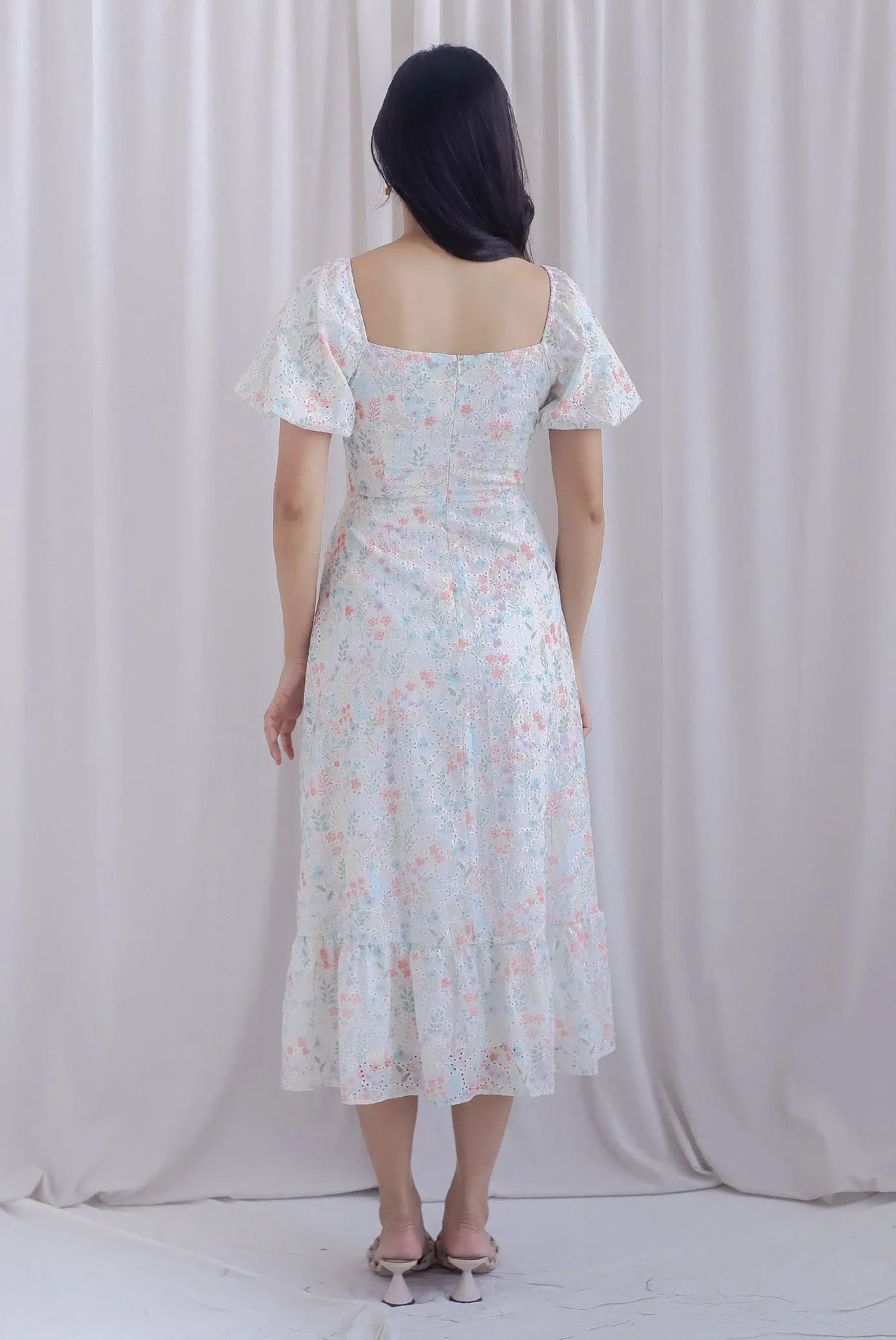 Ellington Print Embro Ruched Bustier Maxi Dress In Coral/Blue