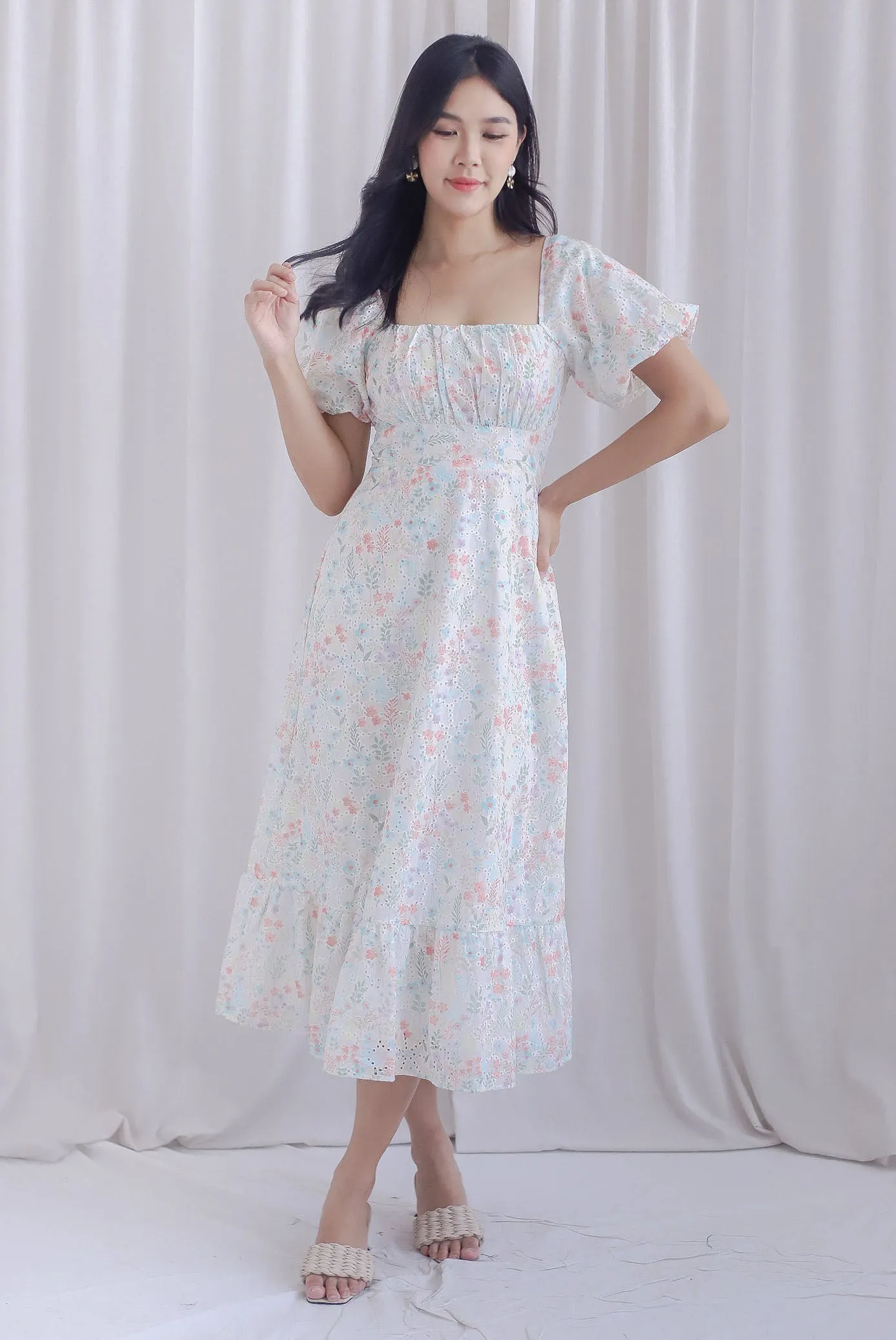 Ellington Print Embro Ruched Bustier Maxi Dress In Coral/Blue