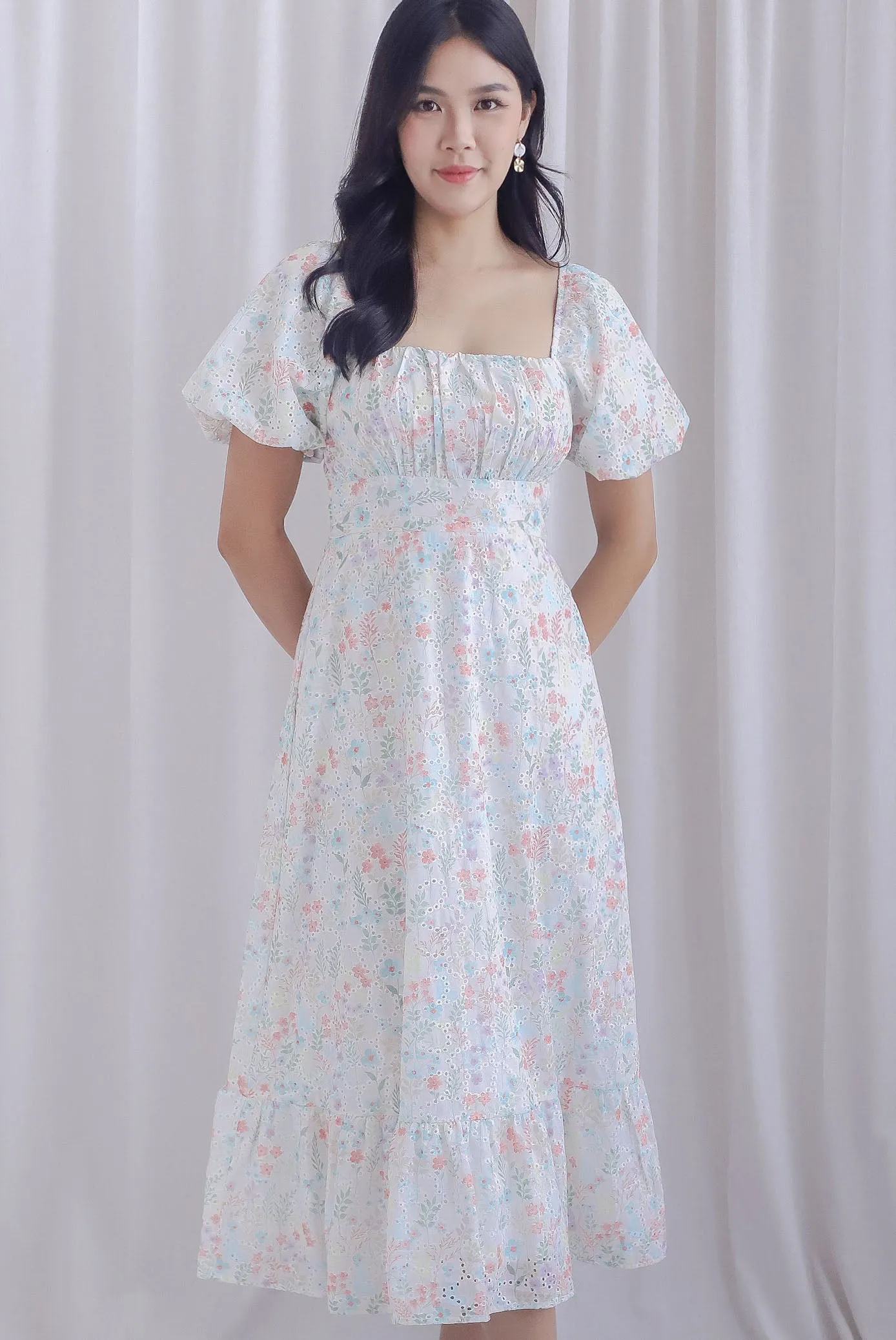 Ellington Print Embro Ruched Bustier Maxi Dress In Coral/Blue