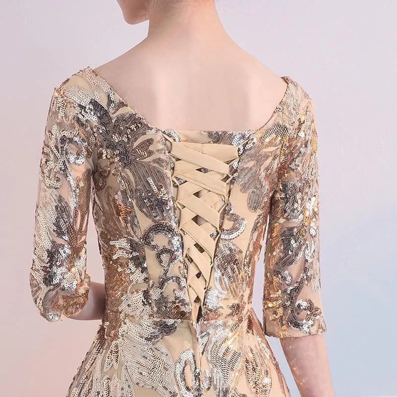 Empire Waist Gold Flower Sequins Formal Evening Midi Dress