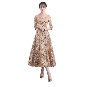 Empire Waist Gold Flower Sequins Formal Evening Midi Dress