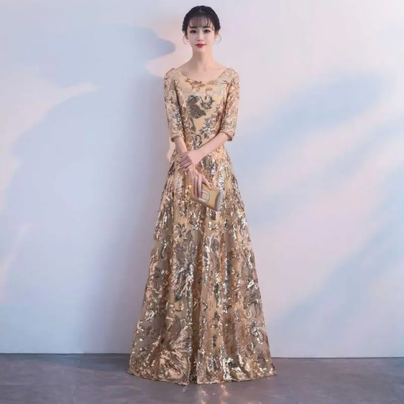 Empire Waist Gold Flower Sequins Formal Evening Midi Dress