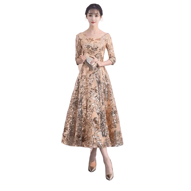 Empire Waist Gold Flower Sequins Formal Evening Midi Dress