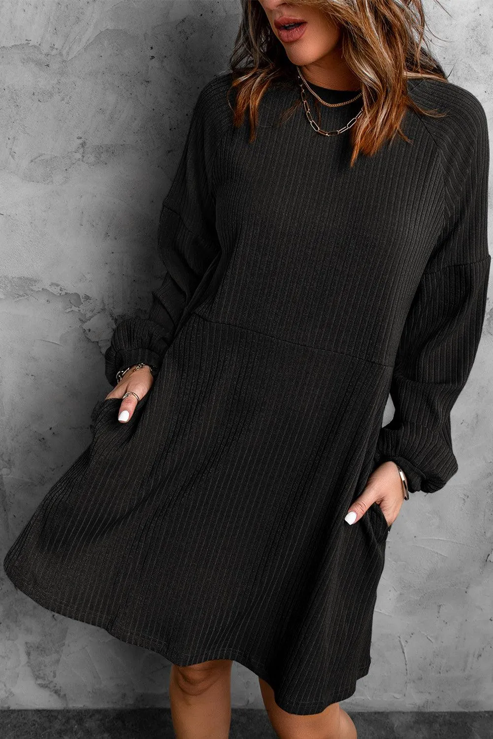 Empire Waist Ribbed Knit Round Neck Dress