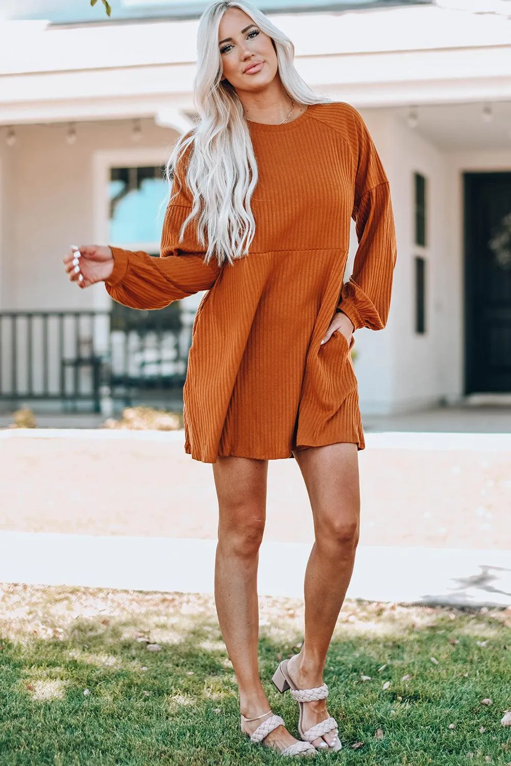 Empire Waist Ribbed Knit Round Neck Dress
