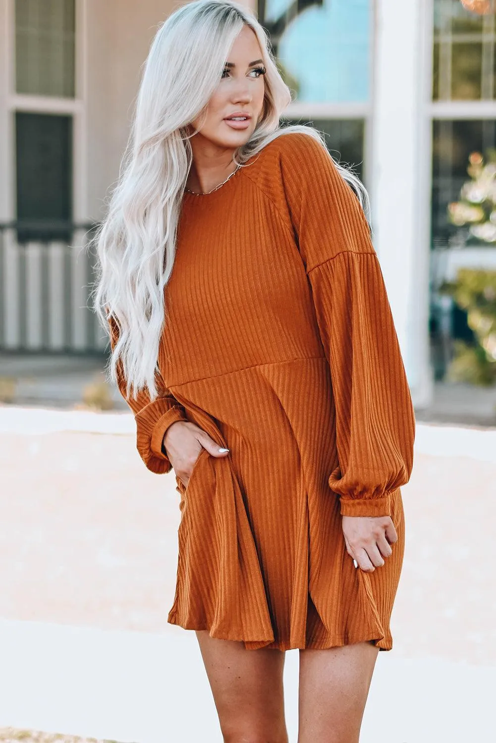 Empire Waist Ribbed Knit Round Neck Dress