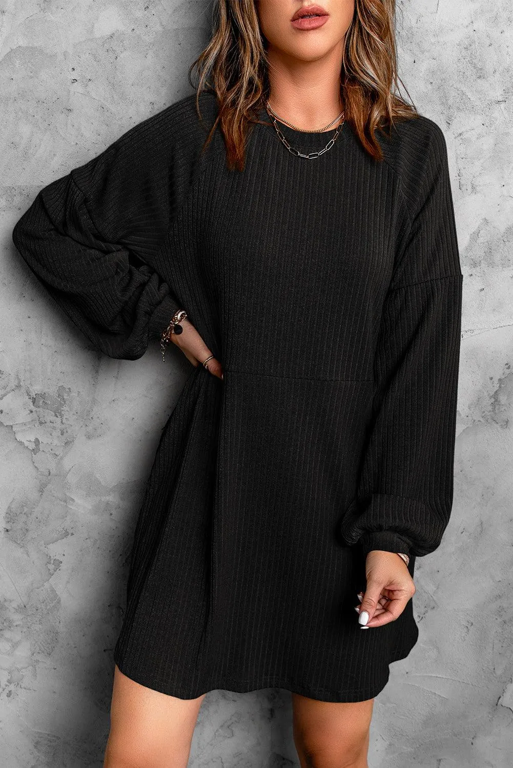 Empire Waist Ribbed Knit Round Neck Dress