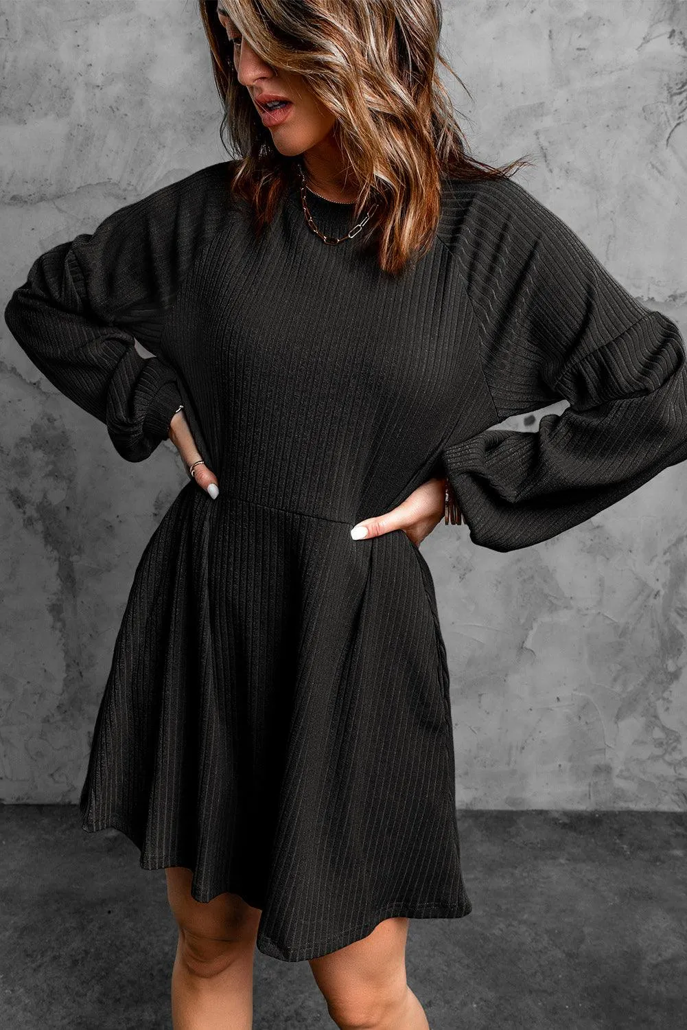 Empire Waist Ribbed Knit Round Neck Dress