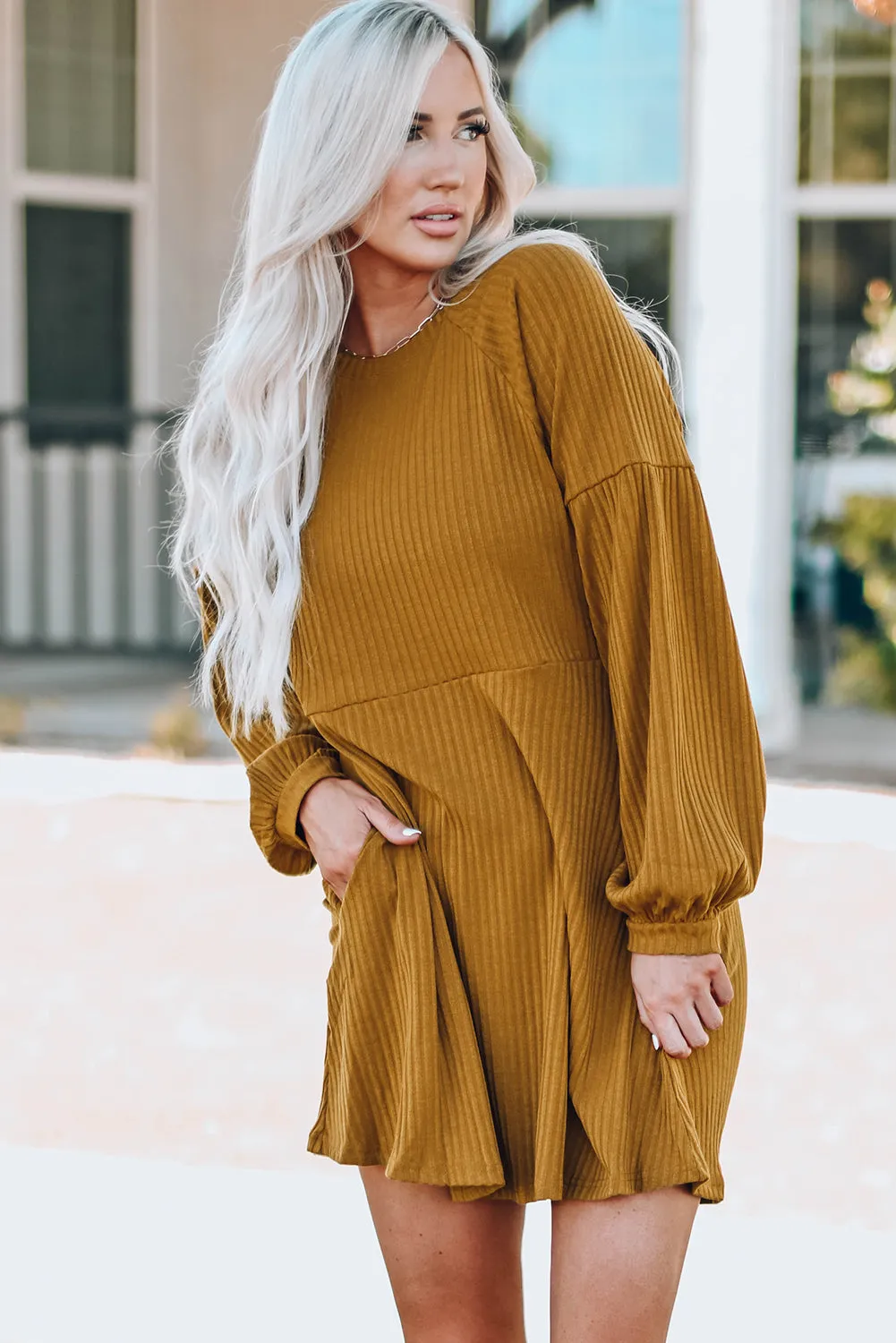 Empire Waist Ribbed Round Neck Dress