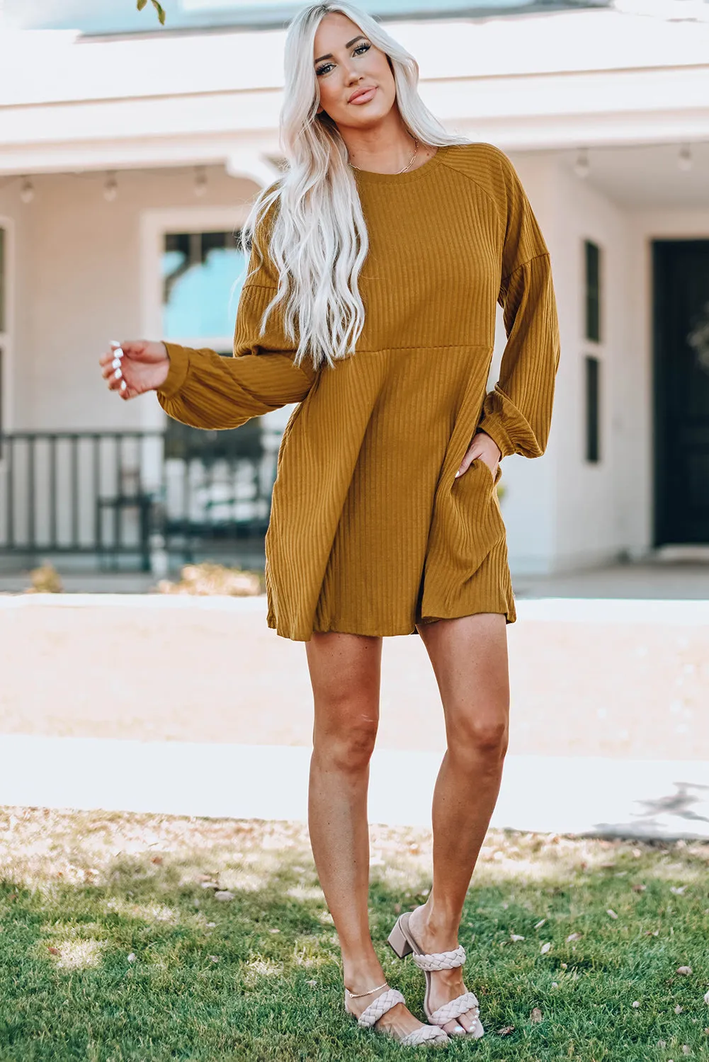 Empire Waist Ribbed Round Neck Dress