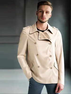 Epaulette Shoulder Double Breasted Leather Coat for Men