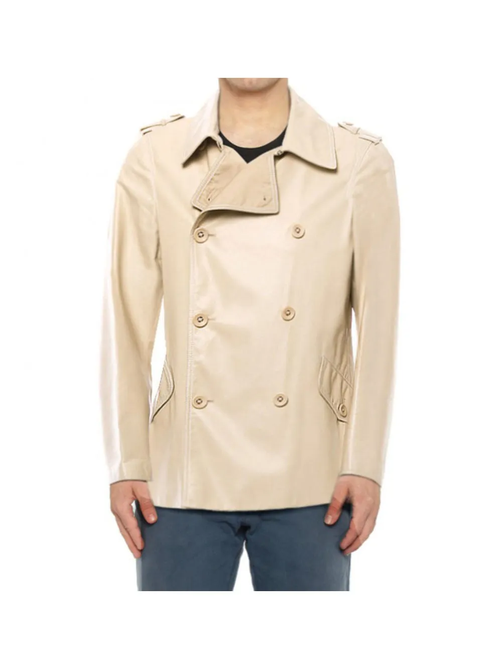 Epaulette Shoulder Double Breasted Leather Coat for Men