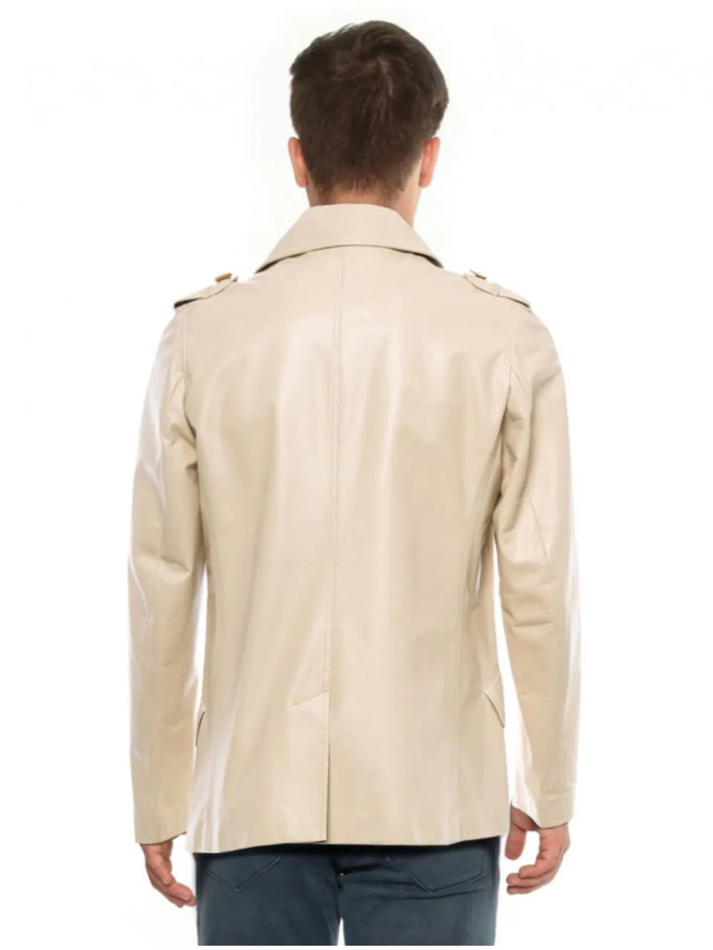 Epaulette Shoulder Double Breasted Leather Coat for Men