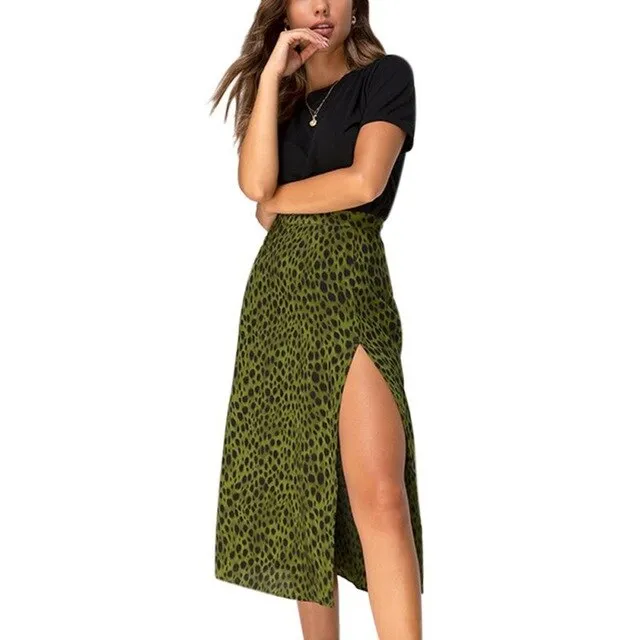 faldas mujer moda Women Summer Skirt Army Green Leopard Print Over The Knee Lace-Up Print High Waist Long Thin Split Skirt