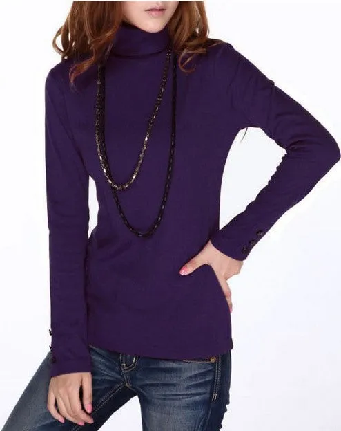 Fashion Women's Clothing Blouses Shirts Solid High Collar Turtleneck Long Sleeve Cotton Tops Tee Clothes