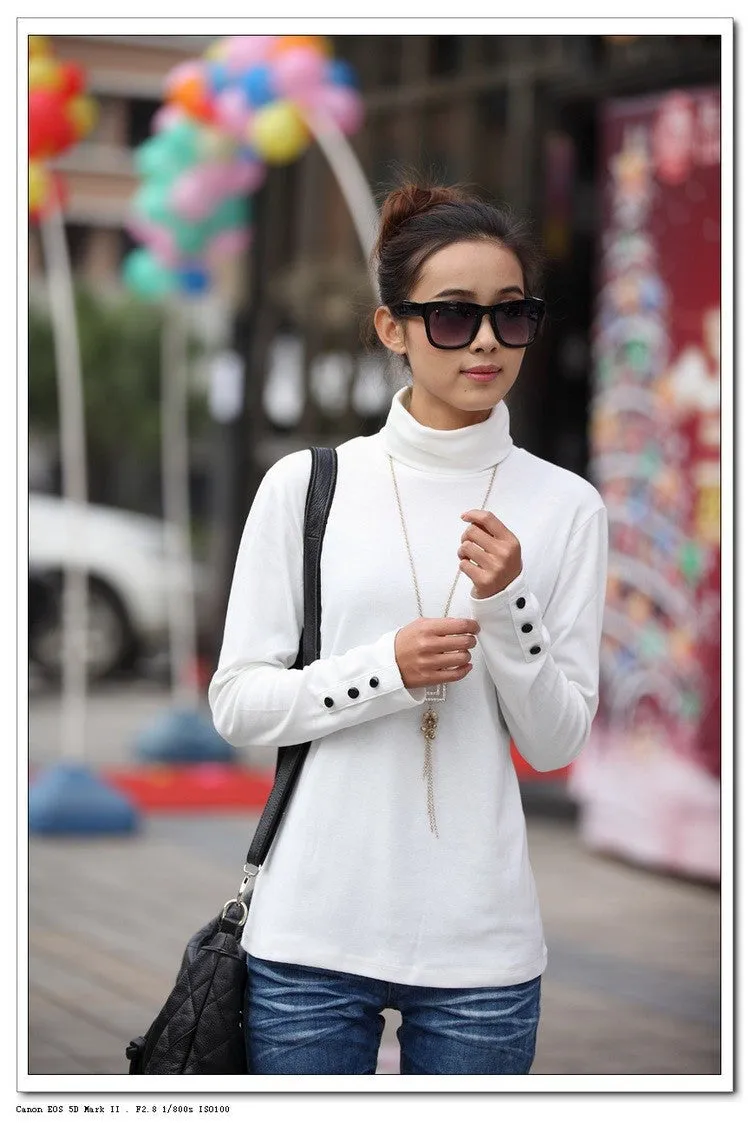 Fashion Women's Clothing Blouses Shirts Solid High Collar Turtleneck Long Sleeve Cotton Tops Tee Clothes