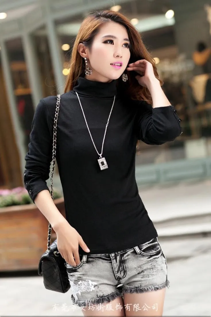 Fashion Women's Clothing Blouses Shirts Solid High Collar Turtleneck Long Sleeve Cotton Tops Tee Clothes