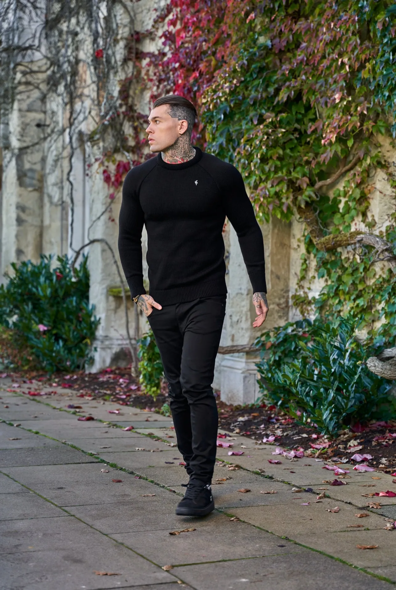 Father Sons Black Knitted Raglan Crew Super Slim Jumper With Metal Decal - FSJ050