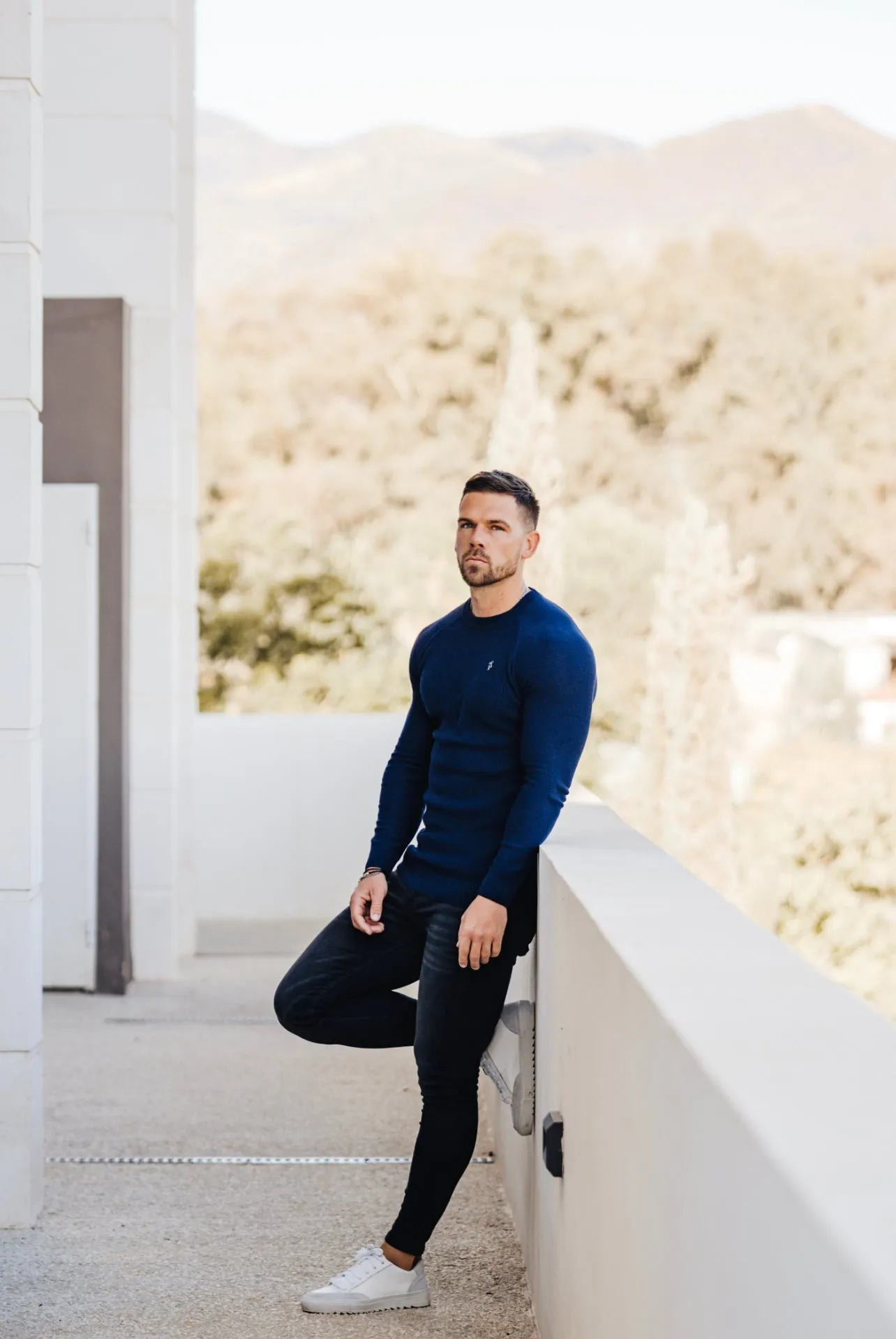 Father Sons Navy Knitted Honeycomb Raglan Crew Super Slim Jumper With Metal Decal - FSN060