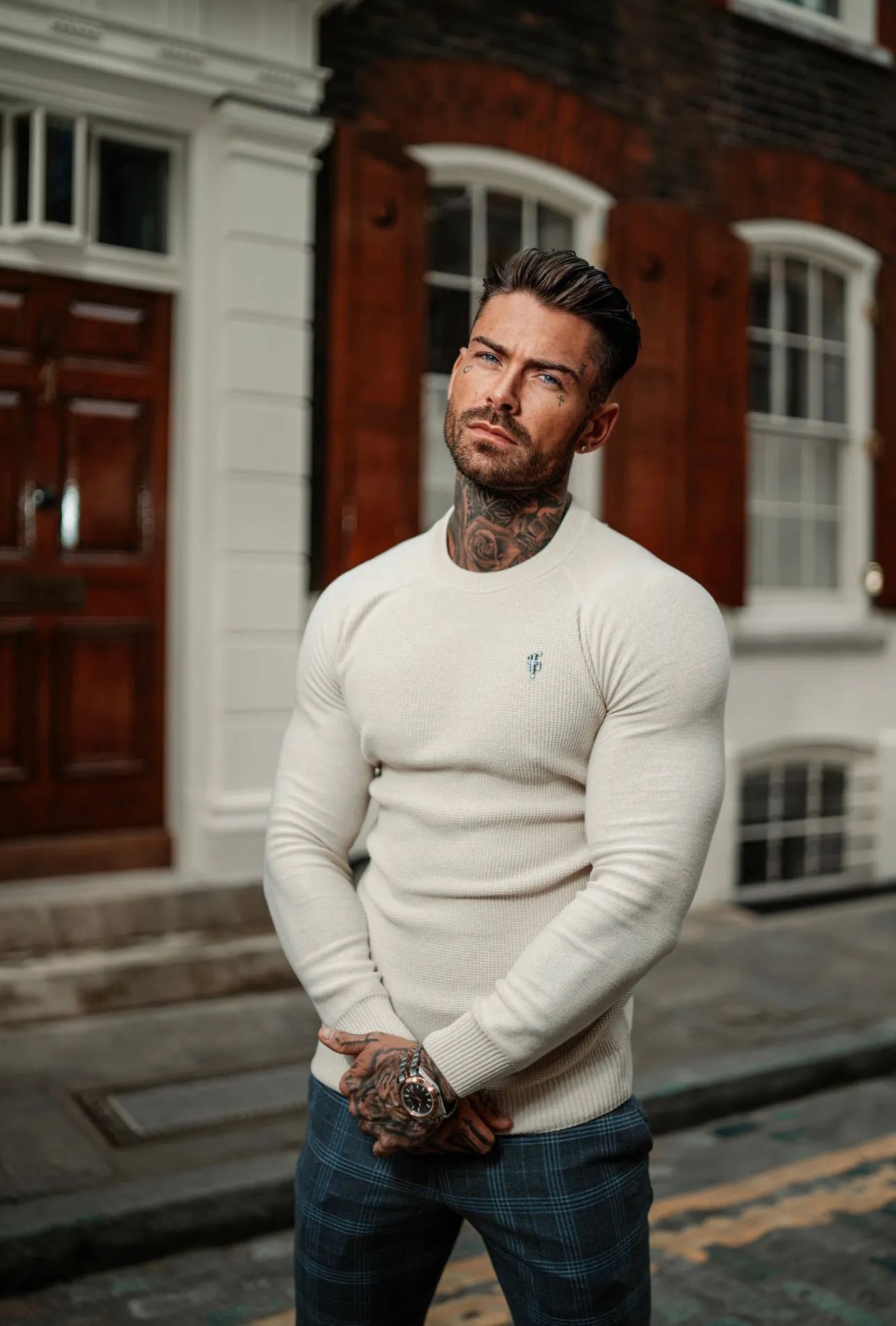 Father Sons Oatmeal Knitted Honeycomb Raglan Crew Super Slim Jumper With Metal Decal - FSN062