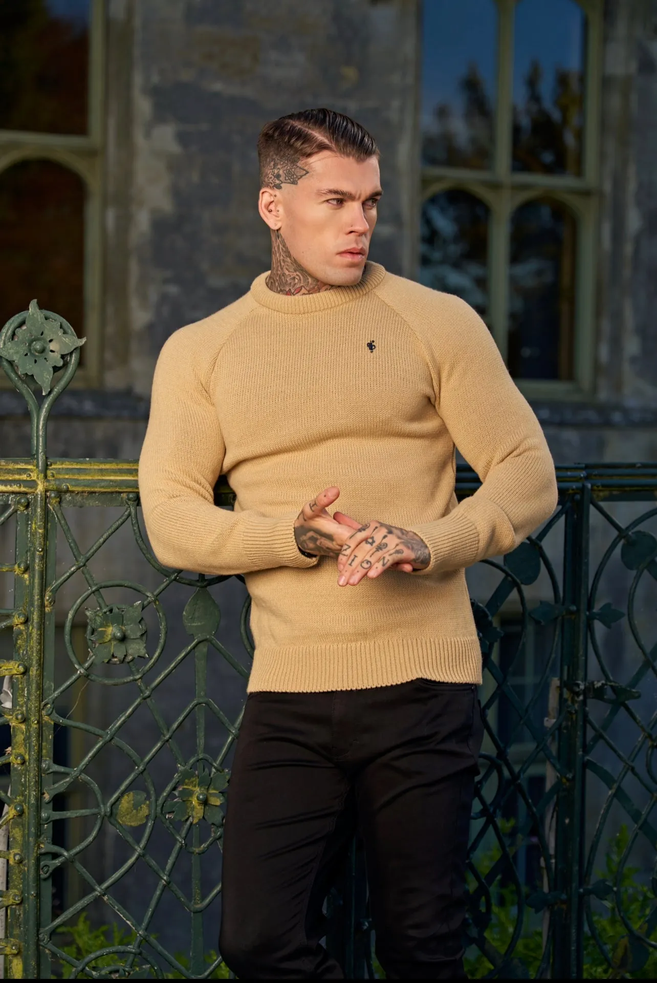 Father Sons Oatmeal Knitted Raglan Crew Super Slim Jumper With Metal Decal - FSJ053